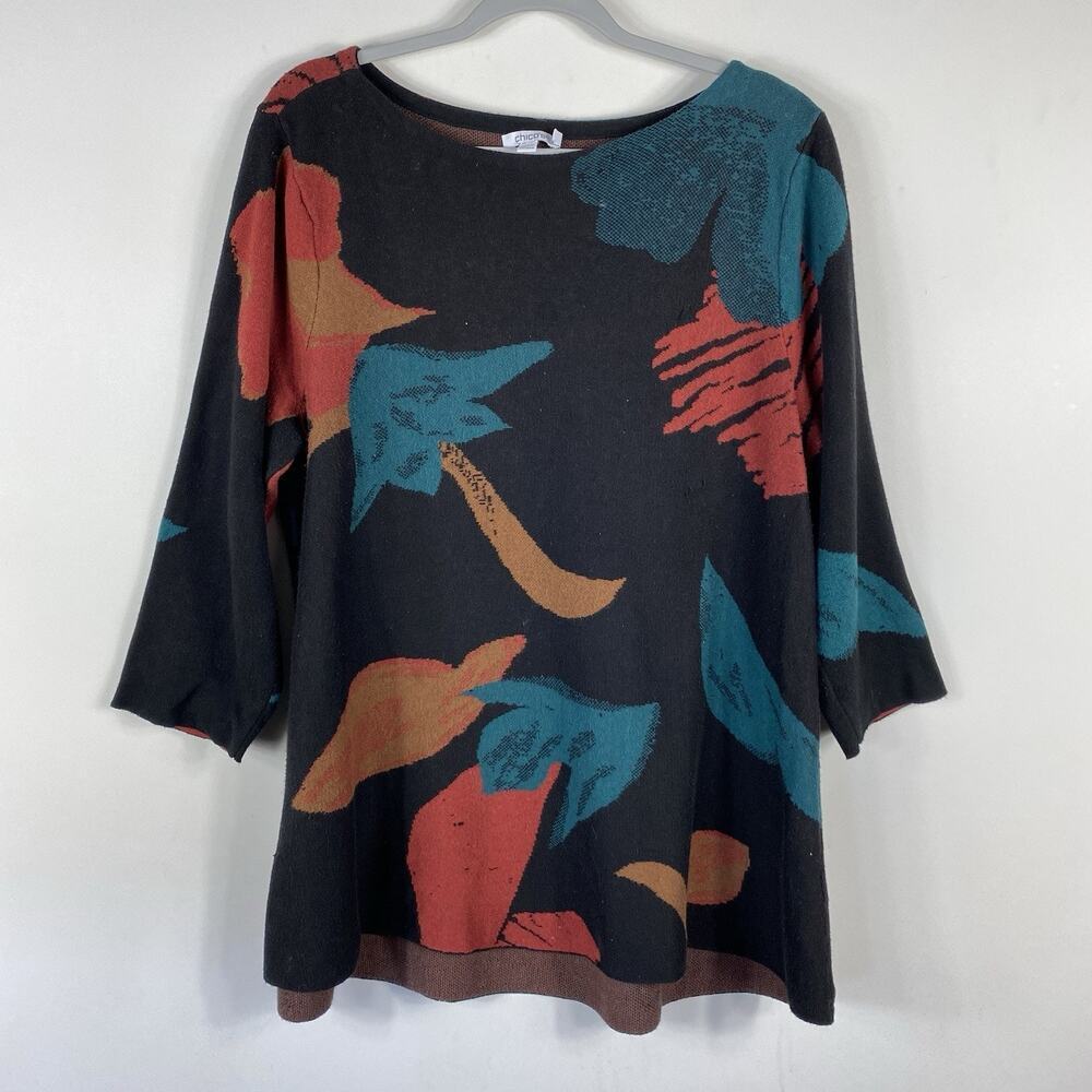 Chico's Sweater XL 3 16 Black Abstract 3/4 Sleeve Boatneck Cotton Blend